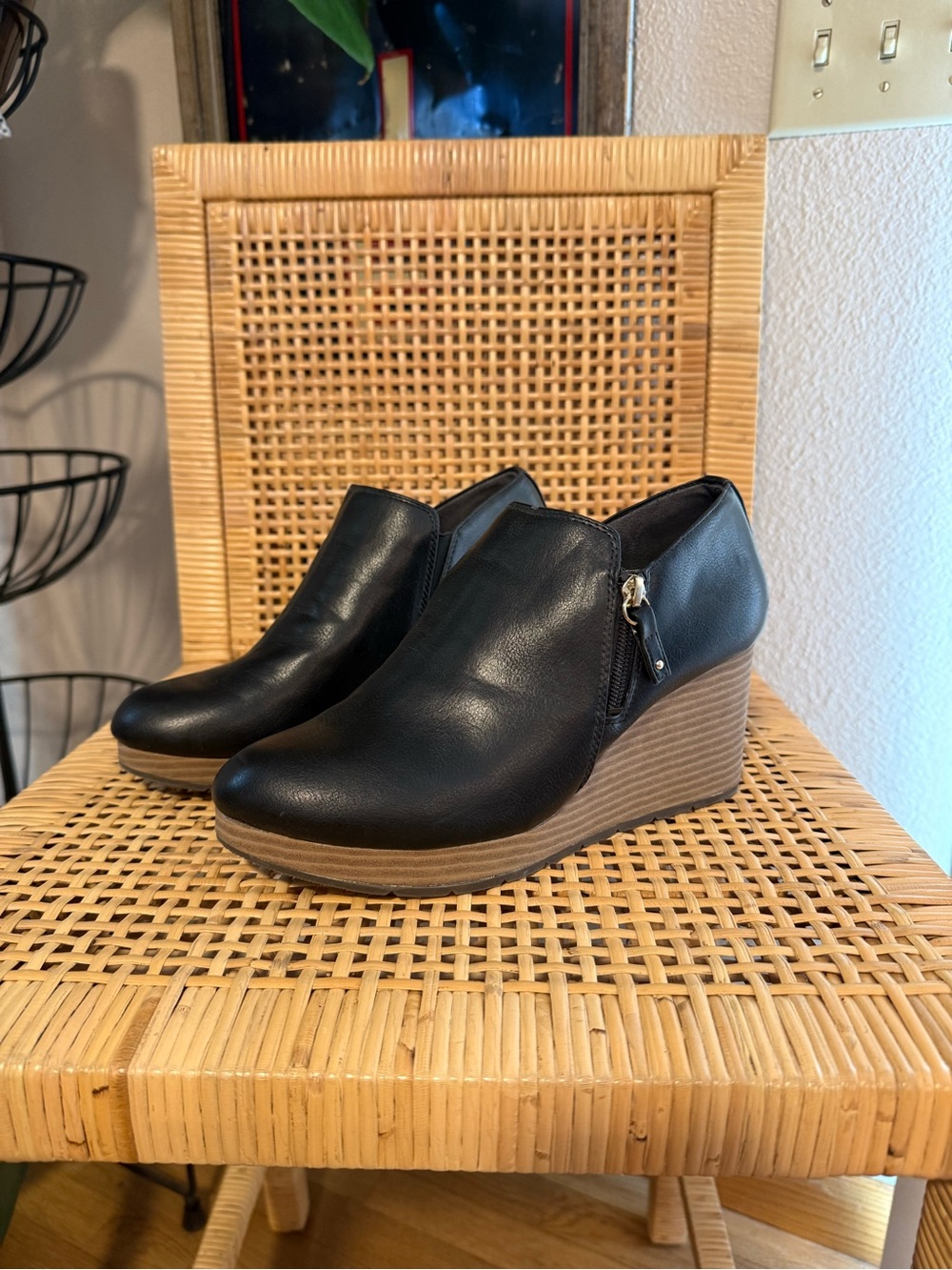 Dr. Scholl's Black Wedge Ankle Booties with Tan Platform and BE Energized Insole